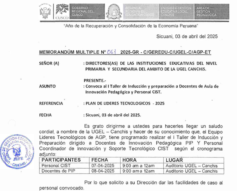 Convoca al I Taller de Inducción y preparación a Docentes de Aula de
Innovación Pedagógica y Personal CIST